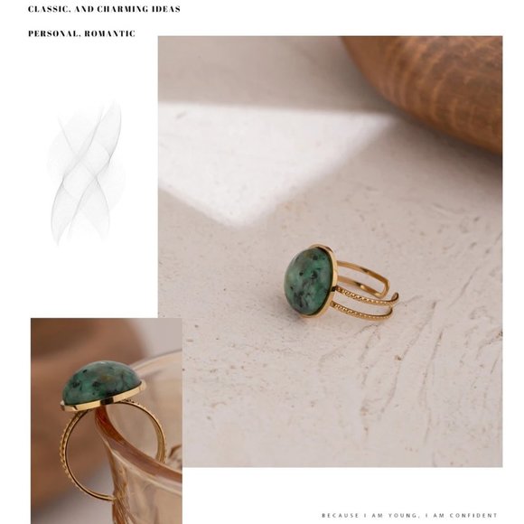 New 18K Gold Plated Green Round Natural Stone Resizable Ring - Picture 5 of 6